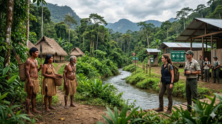밀림 속 작은 강을 경계로 원주민과 현대 복장의 경비원들이 마주보고 서 있다. 왼쪽에는 전통복장을 한 원주민 남성 2명과 여성 1명이 서 있고 그 뒤로 전통 가옥들이 보인다. 오른쪽에는 카키색 유니폼을 입은 경비원들과 연구원이 서 있으며, 그 뒤로 'PROTECTED AREA' 표지판과 안내소 건물이 보인다. 두 집단은 서로를 응시하고 있으며, 뒤로 울창한 열대 우림과 산맥이 펼쳐져 있다.