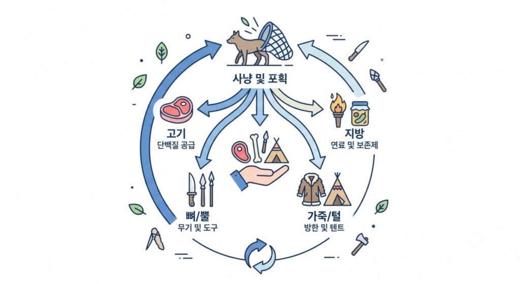 본 이미지는 '동물 포획'이라는 하나의 사건에서 시작되어 어떻게 원시 부족의 다양한 삶의 요소들이 순환되고 충족되는지를 시각화했습니다.중심 (출발점): 사냥 및 포획동물을 잡는 행위가 모든 자원의 근원이 됩니다.자원의 다양한 분화:고기: 단백질 공급원이 되어 부족의 식량을 책임집니다.뼈/뿔: 단단한 특성을 살려 무기와 도구로 제작됩니다.가죽/털: 추위를 막는 옷과 거주지(텐트)의 재료가 됩니다.지방: 불을 밝히는 연료와 음식을 오래 보관하는 보존제로 쓰입니다.순환의 핵심:중심의 손바닥 아이콘은 '완벽한 자원 활용'을 상징합니다.이렇게 만들어진 도구와 식량은 다시 다음 사냥(순환 화살표)을 가능하게 하는 원동력이 됩니다.