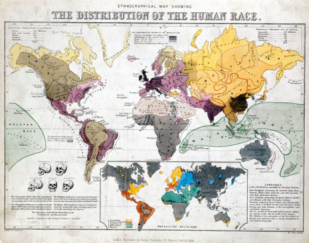 "THE DISTRIBUTION OF THE HUMAN RACE"라는 제목이 상단에 적힌 고풍스러운 인류학적 세계 지도 일러스트레이션입니다. 전 세계 대륙이 인종 및 민족적 분포에 따라 황색, 갈색, 보라색, 회색 등 다양한 색상으로 구획화되어 있습니다. 지도 곳곳에는 대륙별 인구 추정치, 인구 밀도 비교표, 언어 및 종교 분포를 설명하는 텍스트와 작은 삽입 지도가 포함되어 있습니다. 좌측 하단에는 코카서스인, 몽골인, 에티오피아인, 말레이인, 아메리카 원주민의 두개골 형태를 비교하는 5개의 두개골 삽화와 설명이 있고, 우측 하단에는 구세계의 언어 체계를 설명하는 텍스트 박스가 있습니다. 전체적으로 빛바랜 종이 질감의 19세기풍 빈티지 과학 지도 스타일입니다.